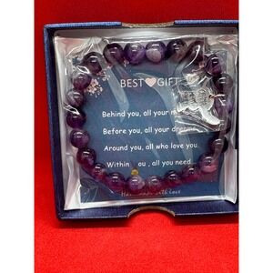 NWT Handmade Amethyst Beaded Bracelet Ohana Means Family Stitch Charm Gift Box